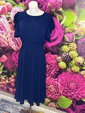 London Times Navy Midi Dress with Elastic Waist